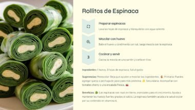 Imagen de una receta titulada "Rollitos de Espinaca". La tarjeta explica los pasos para preparar, mezclar y cocinar rollos de espinaca con huevo. Incluye ingredientes y sugerencias. A la izquierda, se muestra una imagen de rollos de espinaca envueltos con un relleno cremoso.