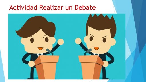 Dos personajes animados, cada uno de pie en un podio, parecen estar enfrascados en un debate. El texto de arriba dice "Presentación de los Temas en Power Point: Español 3° Grado 2do Trimestre (Telesecundaria).