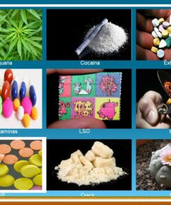Una imagen gráfica para una Presentación en Power Point del TALLER ESTRATEGIA EN EL AULA: Prevención de Adicciones, mostrando varios tipos de drogas. La imagen incluye imágenes de marihuana, cocaína, éxtasis, anfetaminas, LSD, heroína, PCP, crack y peyote, cada una etiquetada con su respectivo nombre. El fondo presenta un cielo azul y nubes en las esquinas.
