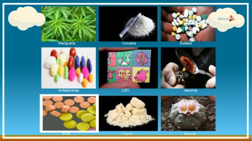 Una imagen gráfica para una Presentación en Power Point del TALLER ESTRATEGIA EN EL AULA: Prevención de Adicciones, mostrando varios tipos de drogas. La imagen incluye imágenes de marihuana, cocaína, éxtasis, anfetaminas, LSD, heroína, PCP, crack y peyote, cada una etiquetada con su respectivo nombre. El fondo presenta un cielo azul y nubes en las esquinas.