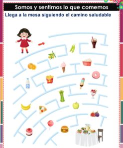 Una niña se encuentra al principio de un laberinto lleno de alimentos y bebidas. El camino lleva a una mesa con una comida saludable, enfatizando el tema 