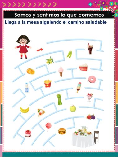 Una niña se encuentra al principio de un laberinto lleno de alimentos y bebidas. El camino lleva a una mesa con una comida saludable, enfatizando el tema "Somos y sentimos lo que comemos" y "Llega a la mesa siguiendo el camino saludable".