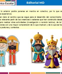 Tres Reyes Magos de dibujos animados con túnicas reales y coronas aparecen bajo un texto en español sobre el conocimiento y la experiencia colectivos. El fondo está coloreado con secciones rosas, azules y verdes, y en las esquinas superiores aparecen logotipos.