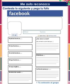 Una hoja de ejercicios en español con el estilo de un perfil de Facebook pide a los alumnos que respondan a preguntas personales sobre sus favoritos, su familia, sus amigos y sus sentimientos. Incluye casillas para las respuestas y un espacio en blanco para una foto.