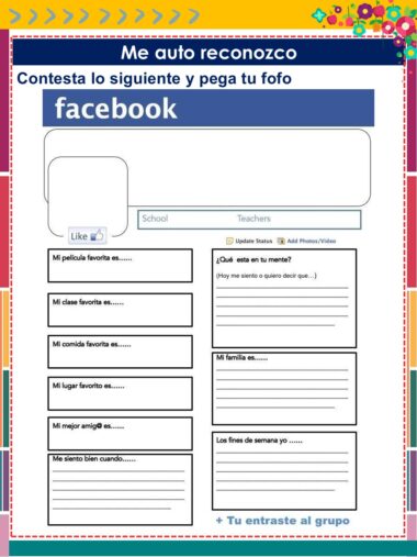 Una hoja de ejercicios en español con el estilo de un perfil de Facebook pide a los alumnos que respondan a preguntas personales sobre sus favoritos, su familia, sus amigos y sus sentimientos. Incluye casillas para las respuestas y un espacio en blanco para una foto.