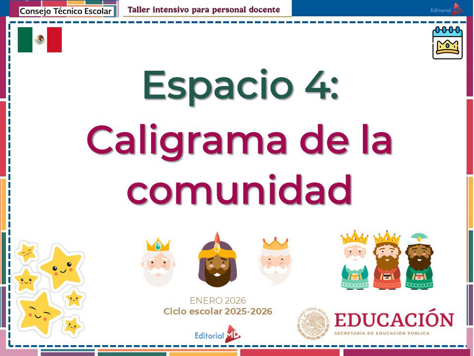 Taller Intensivo para Docentes – Enero 2026 (Productos Contestados) 16 Diapositiva titulada "Espacio 4: Caligrama de la comunidad" con estrellas festivas, ilustraciones de los Reyes Magos y logotipos oficiales. En la pancarta se indica que forma parte de un taller para profesores en enero de 2026, curso 2025-2026.