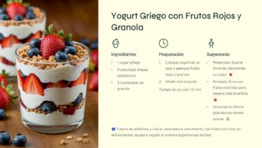 Un parfait de yogur con granola y frutos rojos se sirve en un vaso. El texto incluye la receta "Yogur griego con frutos rojos y granola", ingredientes, pasos de preparación y sugerencias. Se ven frutos rojos y granola en la parte superior.