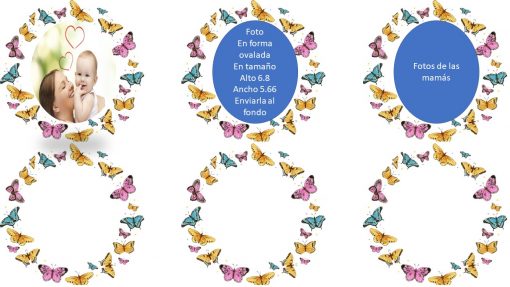 Tres marcos decorativos con diseños de mariposas y corazones. El marco izquierdo contiene una fotografía de una madre sosteniendo a un bebé; el marco central tiene texto con dimensiones de fotografía; El marco derecho tiene la etiqueta "Power point para elaborar un vídeo del día de las madres".