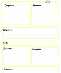 Oración con nombre de producto: Imagen de una plantilla de AGENDA-BITÁCORA con seis casillas etiquetadas para fechas y firmas, dispuestas por pares en tres filas. Cada par de cajas tiene una etiquetada 