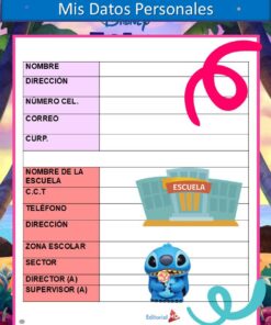 Un colorido formulario de datos personales para estudiantes con campos para nombre, dirección, teléfono, correo electrónico, información escolar y mucho más. Presenta una escuela de dibujos animados y un simpático personaje de Stitch sosteniendo un corazón en la parte inferior.