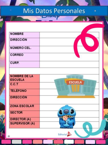 Un colorido formulario de datos personales para estudiantes con campos para nombre, dirección, teléfono, correo electrónico, información escolar y mucho más. Presenta una escuela de dibujos animados y un simpático personaje de Stitch sosteniendo un corazón en la parte inferior.