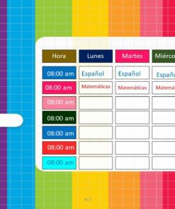 Un colorido cronograma semanal en español con líneas de cuadrícula. El horario tiene los horarios enumerados en el lado izquierdo y los días de la semana en la parte superior. Los lunes y martes se completa 'Español' a las 8:00 am. En las esquinas hay varios íconos con temas escolares. Perfecto para crear un Paquete de Horarios Escolares / Editables Power Point.