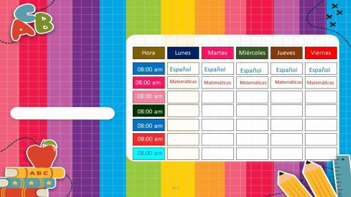 Un colorido cronograma semanal en español con líneas de cuadrícula. El horario tiene los horarios enumerados en el lado izquierdo y los días de la semana en la parte superior. Los lunes y martes se completa 'Español' a las 8:00 am. En las esquinas hay varios íconos con temas escolares. Perfecto para crear un Paquete de Horarios Escolares / Editables Power Point.