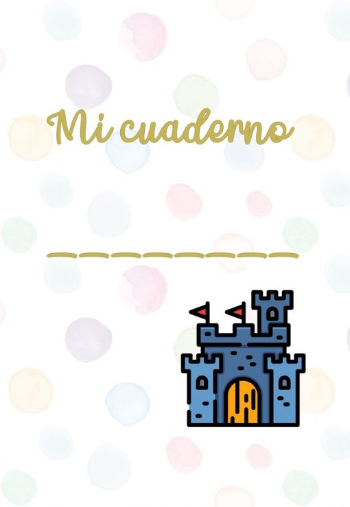 Una AGENDA BITÁCORA 2022-2023 que presenta el texto en español "Mi cuaderno" en la parte superior, seguido de una línea horizontal debajo. El fondo muestra un patrón de puntos de colores pastel. En la esquina inferior derecha hay una ilustración de un castillo con dos banderitas, perfecta para tomar notas o llevar una agenda.