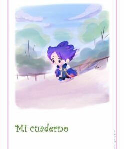 Ilustración de la portada de un cuaderno con un personaje estilo chibi con cabello morado y traje azul corriendo al aire libre. El fondo muestra un cielo nublado y árboles verdes, con el texto 