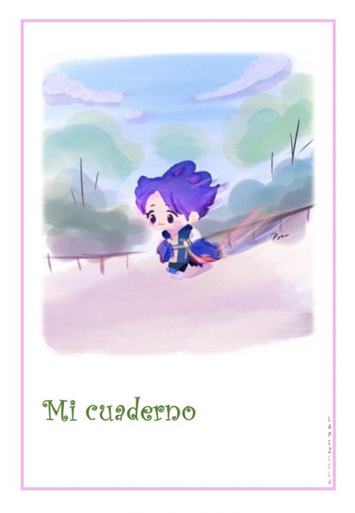 Ilustración de la portada de un cuaderno con un personaje estilo chibi con cabello morado y traje azul corriendo al aire libre. El fondo muestra un cielo nublado y árboles verdes, con el texto "Mi agenda" en la parte inferior.