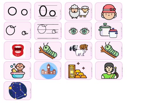 Una cuadrícula de imágenes de 4x4 sobre un fondo rosa. Los íconos incluyen letras, animales, una mujer, insectos, artículos para el hogar, partes del cuerpo, niños, un edificio, lingotes de oro y una constelación. Estas imágenes parecen representar contenido educativo o de aprendizaje posiblemente para un PLAN DE CLASE VOCAL O.