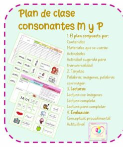 Plan de lección en el aula para las consonantes M y P, mostrado en español. La Planeación de Clases Consonantes M-P incluye secciones de contenidos, materiales, actividades, sugerencias de lectura, flashcards, imágenes, palabras, lectura completa, lectura para comprensión y evaluación.