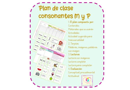 Plan de lección en el aula para las consonantes M y P, mostrado en español. La Planeación de Clases Consonantes M-P incluye secciones de contenidos, materiales, actividades, sugerencias de lectura, flashcards, imágenes, palabras, lectura completa, lectura para comprensión y evaluación.