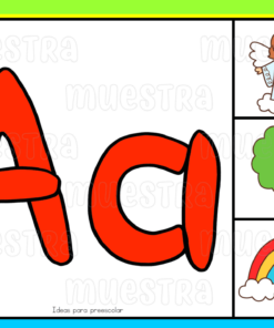 Ilustración para el aprendizaje preescolar que muestra la letra 'a' con imágenes coincidentes de un ángel, una manzana, un árbol y un arcoíris, todo dentro de cajas etiquetadas separadas como parte de la serie ABECEDARIO de Play Doh.
