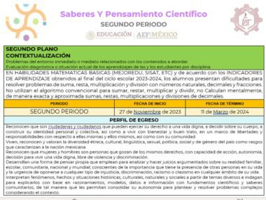 Un documento educativo titulado "PLANEACION MATEMATICAS 2 TRIMESTRE 2" para el segundo trimestre, que describe las habilidades matemáticas básicas y los estándares académicos de los estudiantes. Incluye fechas (27 de noviembre de 2023 - 1 de marzo de 2024), aprendizajes clave en matemáticas y el perfil del estudiante para el final del período.