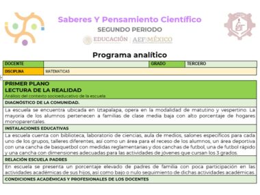 Un documento de programa educativo con el título "Saberes Y Pensamiento Científico" y logotipos para la Secretaría de Educación Pública y AEF México. El contenido describe un plan de estudios de matemáticas para tercer grado, que incluye diagnóstico comunitario, instalaciones educativas, participación de los padres y PLANEACION SEGUNDO TRIMESTRE MATEMATICAS 3.