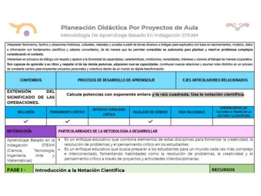 Folleto educativo en español sobre planificación didáctica de proyectos en el aula utilizando la metodología de aprendizaje basada en la investigación STEAM. Incluye secciones sobre extensión del aprendizaje, conexiones con áreas relacionadas y detalles metodológicos, finalizando con "Introducción al Proyecto Matemáticas Secu: Explora el Universo de la Notación Científica".