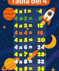 Colorido póster educativo que muestra la tabla de multiplicar del 4 con ilustraciones de temática espacial, incluidos planetas, estrellas, un cohete y una luna creciente sobre un fondo estrellado oscuro.