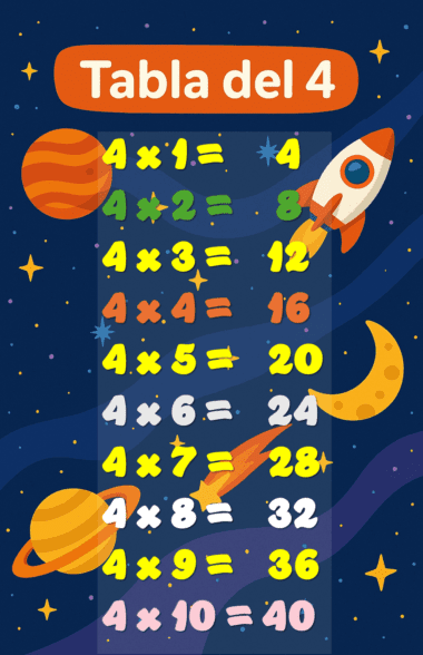 Colorido póster educativo que muestra la tabla de multiplicar del 4 con ilustraciones de temática espacial, incluidos planetas, estrellas, un cohete y una luna creciente sobre un fondo estrellado oscuro.