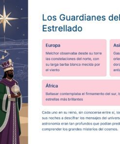 Tres reyes magos con túnicas y coronas de colores se sitúan bajo una estrella brillante en un cielo nocturno estrellado. Junto a ellos, un texto describe a 