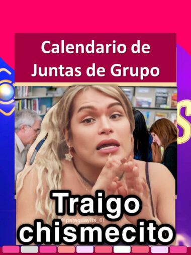 Una imagen colorida que muestra una Agenda Wendy Guevara Casa de los Famosos 2023 - 2024 Editable (Preescolar, Primaria, Secundaria). El primer plano muestra a una persona de cabello claro haciendo un gesto con la mano, con un texto debajo que dice "Traigo chismecito". Al fondo, la gente en una biblioteca discute sobre la Casa de los Famosos.