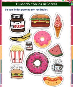 Varias pegatinas de dibujos animados de alimentos, como donuts, tarros de Nutella, helados, sandías, hamburguesas, palomitas de maíz, plátanos y tazas de café con caras. El texto advierte de que no se deben recortar las pegatinas a pesar de su bonito aspecto.