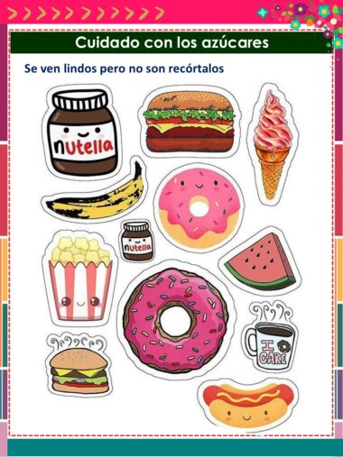 Varias pegatinas de dibujos animados de alimentos, como donuts, tarros de Nutella, helados, sandías, hamburguesas, palomitas de maíz, plátanos y tazas de café con caras. El texto advierte de que no se deben recortar las pegatinas a pesar de su bonito aspecto.