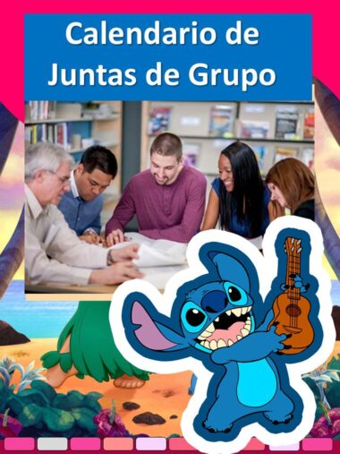 Un grupo de cinco personas sentadas alrededor de una mesa discutiendo papeles bajo un cartel que dice "Calendario de Juntas de Grupo". En primer plano, Stitch, de la película de Disney "Lilo & Stitch", sostiene una guitarra y sonríe.