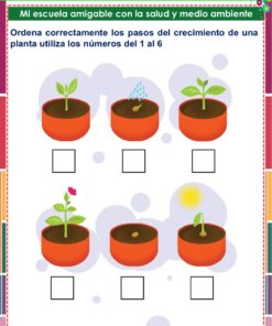 Seis ilustraciones muestran las etapas de crecimiento de una planta, desde la semilla en la tierra hasta el brote, el riego, la planta pequeña, la planta más grande y la planta en flor. Debajo de cada imagen hay un cuadrado vacío para ordenar las etapas con los números del 1 al 6.