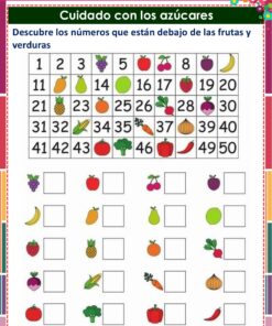Colorida hoja de ejercicios en español con una cuadrícula de números (1-50) e imágenes de frutas y verduras que cubren algunos números. Debajo hay imágenes iguales y casillas vacías para escribir los números ocultos. El texto dice: 