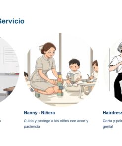 Cuadernillo de Inglés – Primaria NEM | Fase 3 13 Tres círculos ilustrados muestran a mujeres en trabajos de servicio: una profesora ante una pizarra, una niñera que cuida a dos niños en el suelo y una peluquera que corta el pelo a una clienta sentada en un salón.