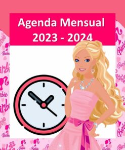 Portada ilustrada de una **Agenda Barbie Maestra 2023-2024 Editable (Preescolar, Primaria, Secundaria)** que presenta a una mujer rubia con un vestido rosa y accesorios con joyas. El fondo muestra un patrón con temática de Barbie. También hay un gráfico de reloj. En un lugar destacado se muestra el título “Agenda Barbie Maestra 2023-2024”.