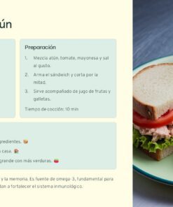 Tarjeta de receta para un sándwich de atún con ingredientes, pasos de preparación y sugerencias. Incluye una foto de un sándwich de atún en un plato con rodajas de tomate, lechuga y ensalada. El fondo presenta secciones en azul claro y amarillo.