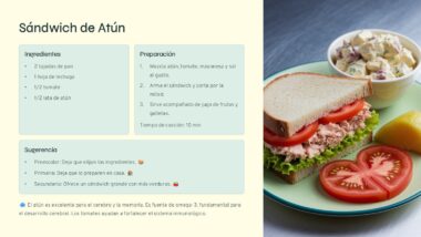 Tarjeta de receta para un sándwich de atún con ingredientes, pasos de preparación y sugerencias. Incluye una foto de un sándwich de atún en un plato con rodajas de tomate, lechuga y ensalada. El fondo presenta secciones en azul claro y amarillo.