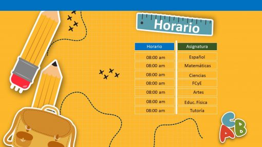 Un horario escolar titulado "Paquete de Horarios Escolares / Editables Power Point" se muestra creativamente en una regla. Este horario editable en español enumera temas como "Español", "Matemáticas" y "Ciencias", todos a partir de las 8:00 am, con coloridas ilustraciones de lápices, una mochila y letras. El fondo presenta garabatos en cuadrícula de caminos y aviones. ¡Ideal para presentaciones de PowerPoint!