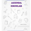 Portada de una agenda escolar titulada "Agenda Escolar Didáctica 100 % editable. Para cualquier grado. Para el ciclo escolar 2022-2023" en español, con el año académico 2022-2023. Tiene garabatos de útiles escolares como una mochila, un lápiz, una regla, unas tijeras y un cuaderno, junto con espacios para el nombre de la escuela y el nombre del maestro.