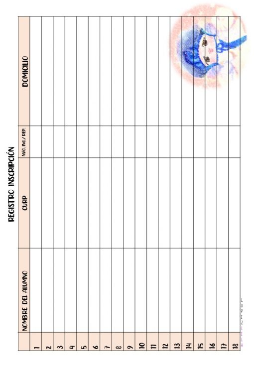 A MI AGENDITA sirve como una bitácora con filas para los nombres de 18 niños y columnas para detalles como "Dirección", "Código Único de Registro de Población (CURP)" y "Número de Registro". La mesa está prácticamente vacía, pero en la esquina superior derecha aparece una colorida ilustración abstracta.
