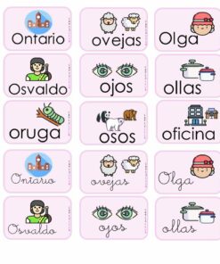 Una cuadrícula con imágenes y palabras que comienzan con la letra 