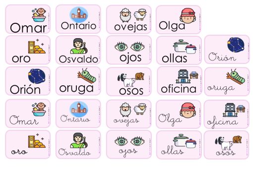 Una cuadrícula con imágenes y palabras que comienzan con la letra "O" en español. Cada celda tiene una imagen y una palabra coincidente, que incluyen "Omar", "Ontario", "ovejas" (oveja) y más. Las palabras se repiten en texto impreso y cursivo, adecuado para cualquier PLAN DE CLASE VOCAL O centrado en la voz.
