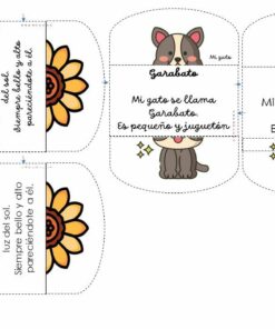 Una página imprimible recortada para un Plan de Clases Letras B y G, con marcapáginas con temas de animales. Hay dos marcapáginas: uno con un diseño de girasol y un poema en español sobre la luz, y el otro con un simpático gato de dibujos animados llamado Garabato, descrito como pequeño y tranquilo. Ideal para actividades de manualidades en el aula.