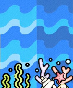 Ilustración de una escena submarina dividida por la mitad. El lado izquierdo presenta algas verdes y rocas, mientras que el lado derecho muestra coloridos corales, una estrella de mar y conchas marinas sobre un fondo de agua azul ondulada, todo ello unido como una vibrante LA PESCA para la exploración educativa y creativa.