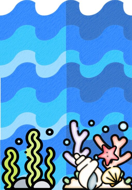 Ilustración de una escena submarina dividida por la mitad. El lado izquierdo presenta algas verdes y rocas, mientras que el lado derecho muestra coloridos corales, una estrella de mar y conchas marinas sobre un fondo de agua azul ondulada, todo ello unido como una vibrante LA PESCA para la exploración educativa y creativa.