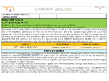 Un documento educativo describe el segundo y tercer período del año escolar 2023-2024, centrándose en las habilidades matemáticas básicas. La PLANEACION SEGUNDO TRIMESTRE MATEMATICAS 3 es del 27 de octubre de 2023 al 1 de marzo de 2024. El documento destaca los resultados de aprendizaje esperados y las habilidades que los estudiantes deben desarrollar.