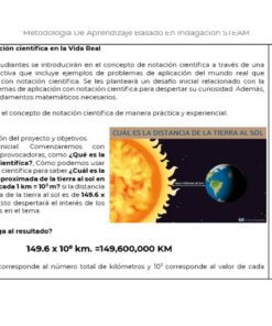 Un documento educativo sobre *notación científica* y cálculo de distancias utilizando ejemplos de la vida real. Presenta una visión de la Tierra y el Sol con un cálculo de 149,6 millones de kilómetros entre ellos. El texto proporciona objetivos, detalles de la sesión e instrucciones paso a paso para este interesante Proyecto Matemáticas Secu: Explora el Universo de la Notación Científica.